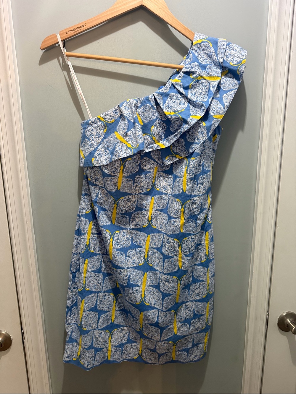 Lilly Pulitzer Blue & Yellow One-Shoulder Ruffle Sandra Dress Butterfly Print